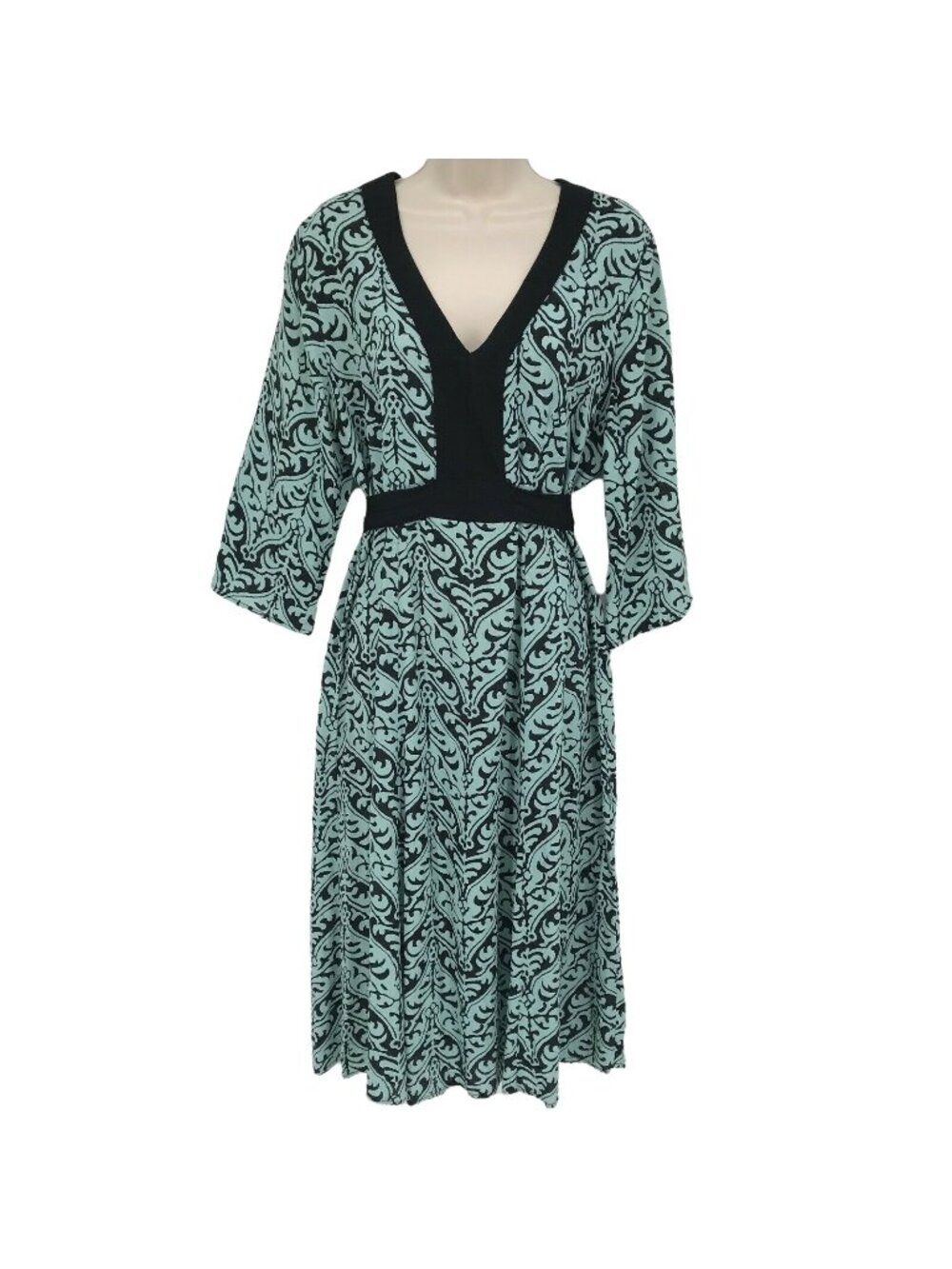 Loco Lindo Womens Green & Black Abstract Print V-Neck Midi Dress 3/4 Sleeves M